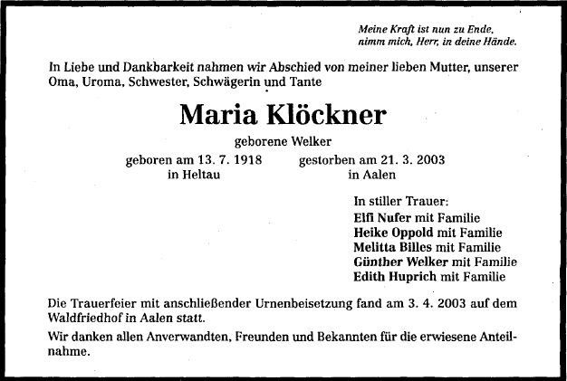 Welker Maria 1918-2003 Todesanzeige